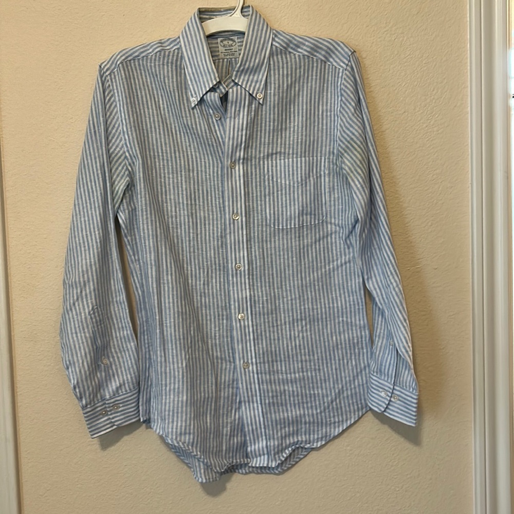 Brooks Brothers Small Regent Fit Linen Striped Button Down Shirt